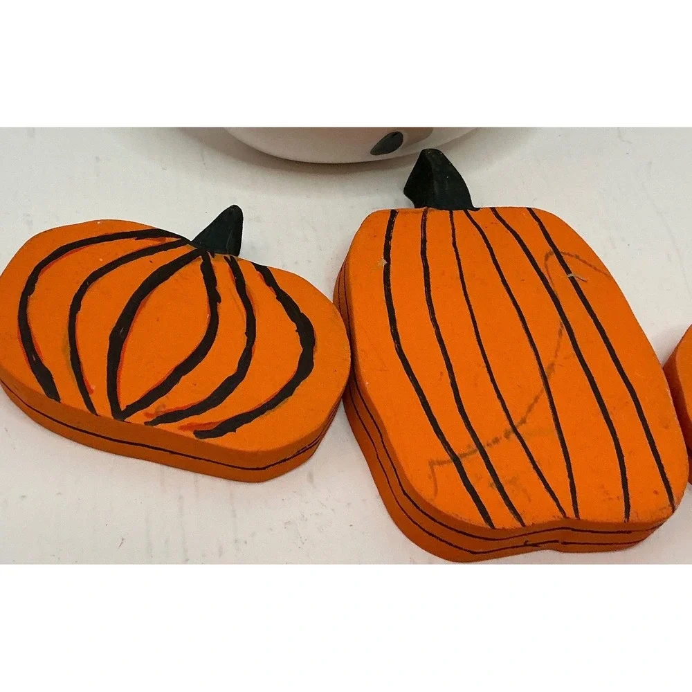 Mud Pie Ghost Candy Dish and Wooden Pumpkin Blocks Halloween Decor Set